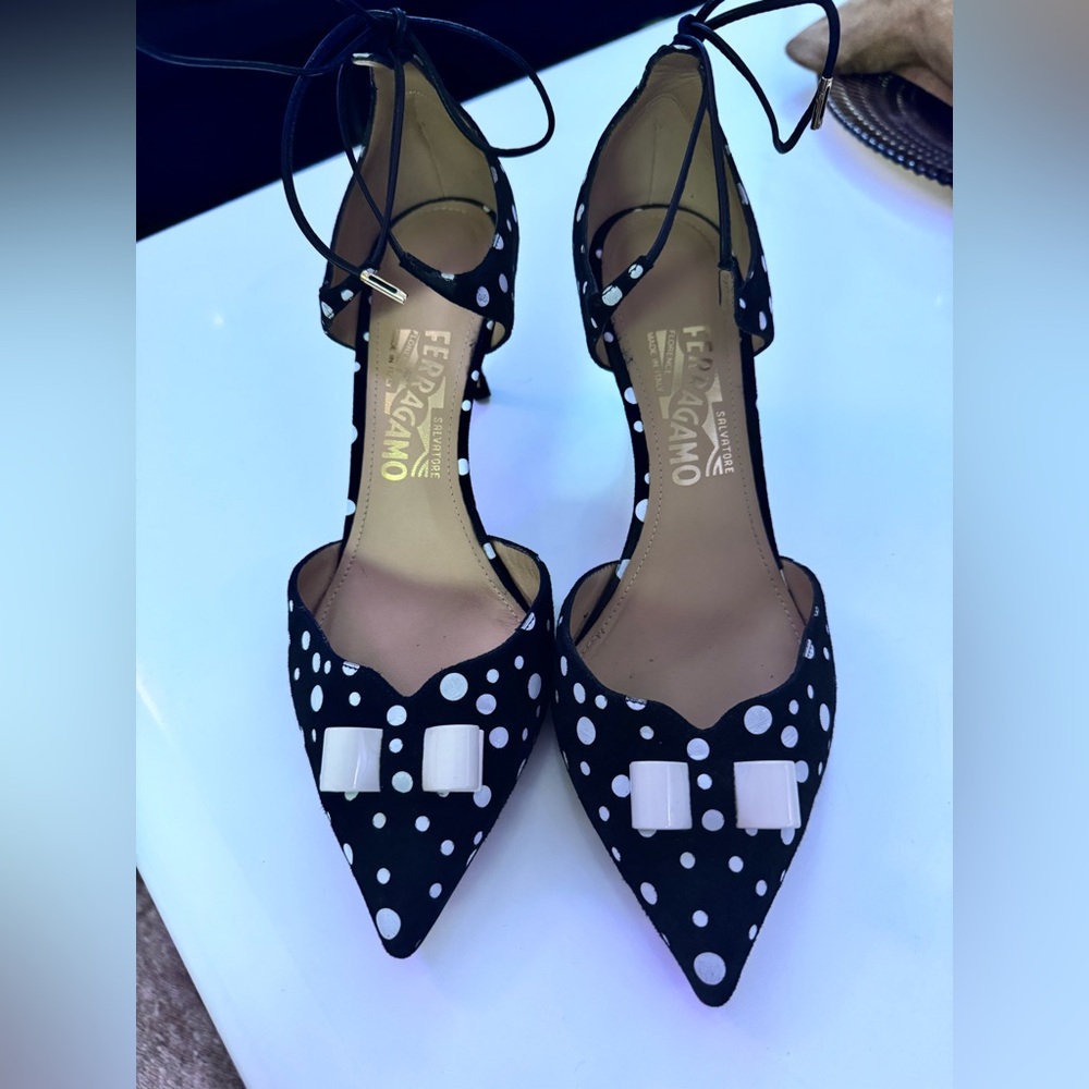 Salvatore Ferragamo B&W Polka dot Bow Heels